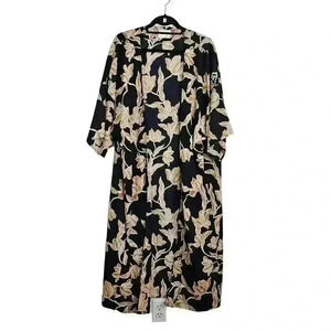 Maison Du Soir Kimono Robe Womens L/XL Golden Tan Black Floral